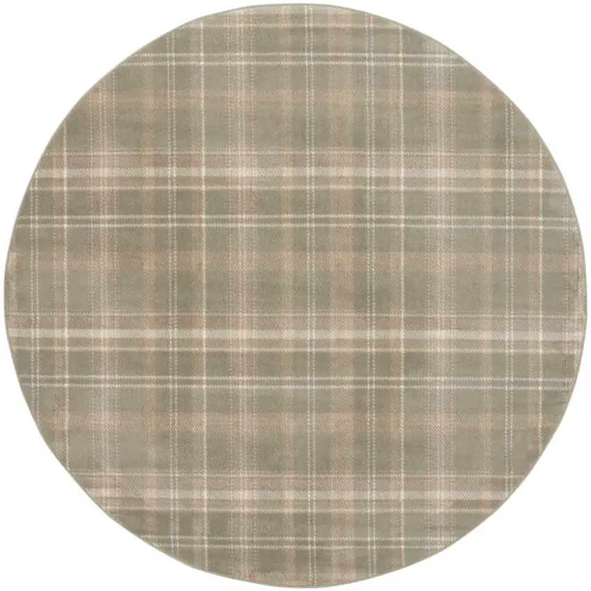 8' Olive Green and Ivory Plaid Round Rug Photo 2