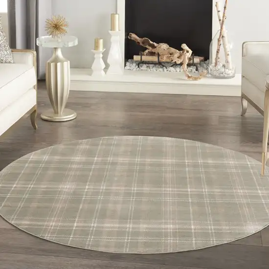 8' Olive Green and Ivory Plaid Round Rug Photo 5