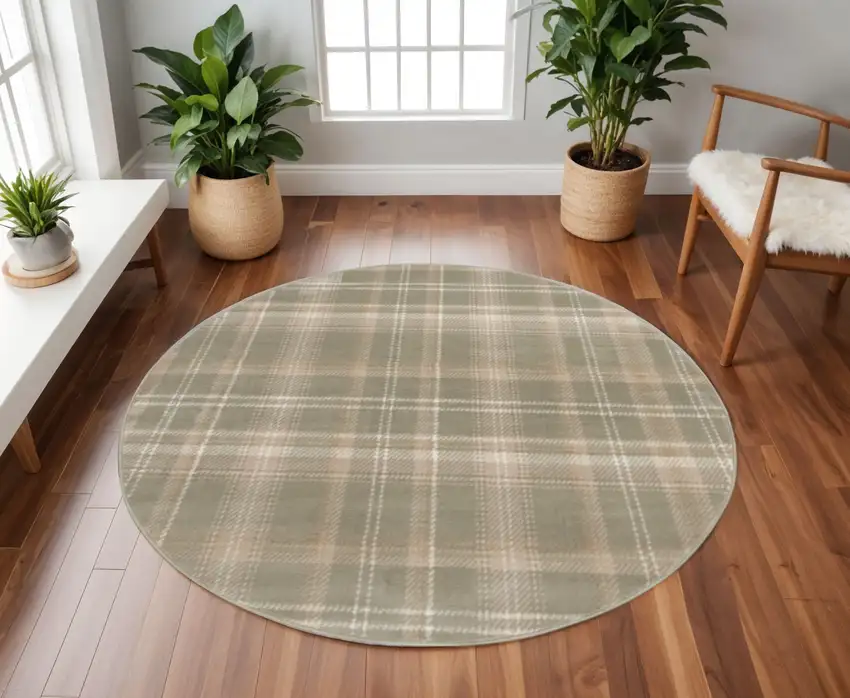 8' Olive Green and Ivory Plaid Round Rug Photo 1
