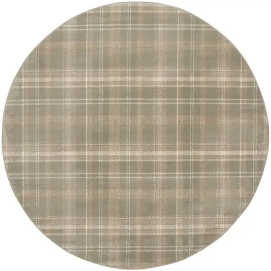 8' Olive Green and Ivory Plaid Round Rug Photo 5