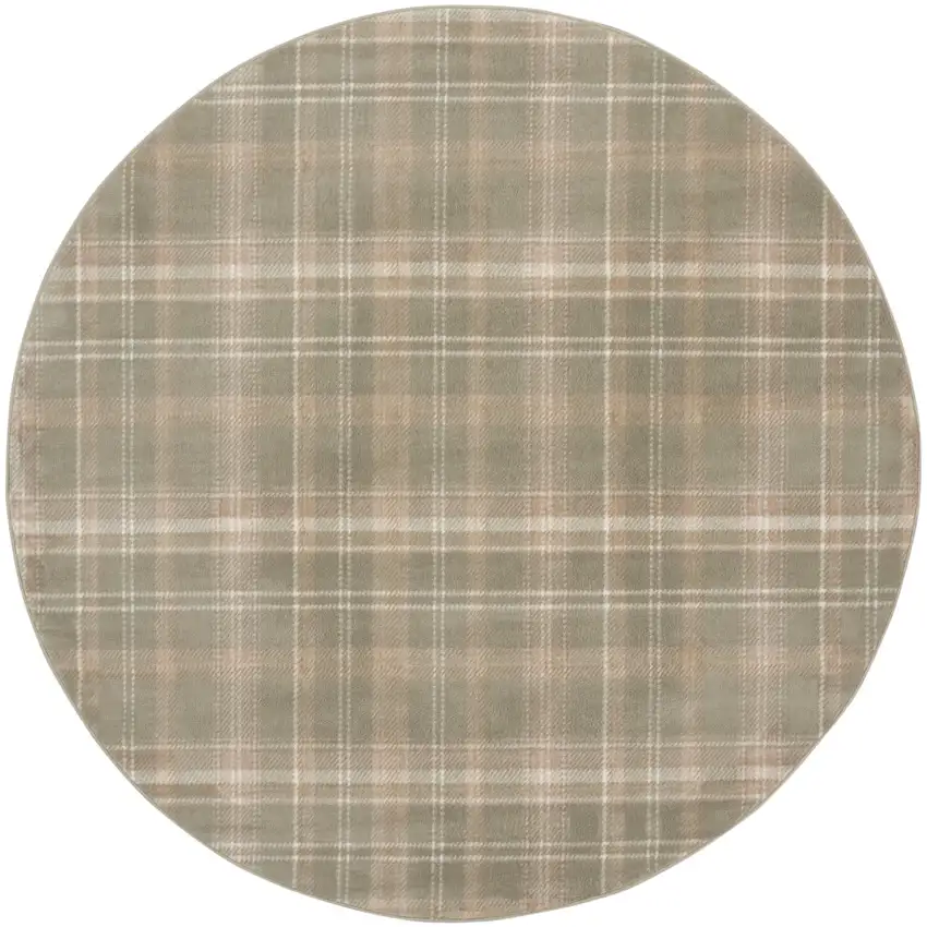 8' Olive Green and Ivory Plaid Round Rug Photo 5