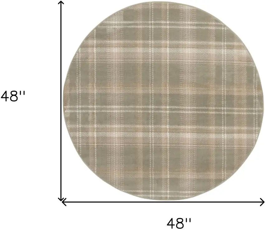 4' Olive Green and Ivory Plaid Round Rug Photo 3