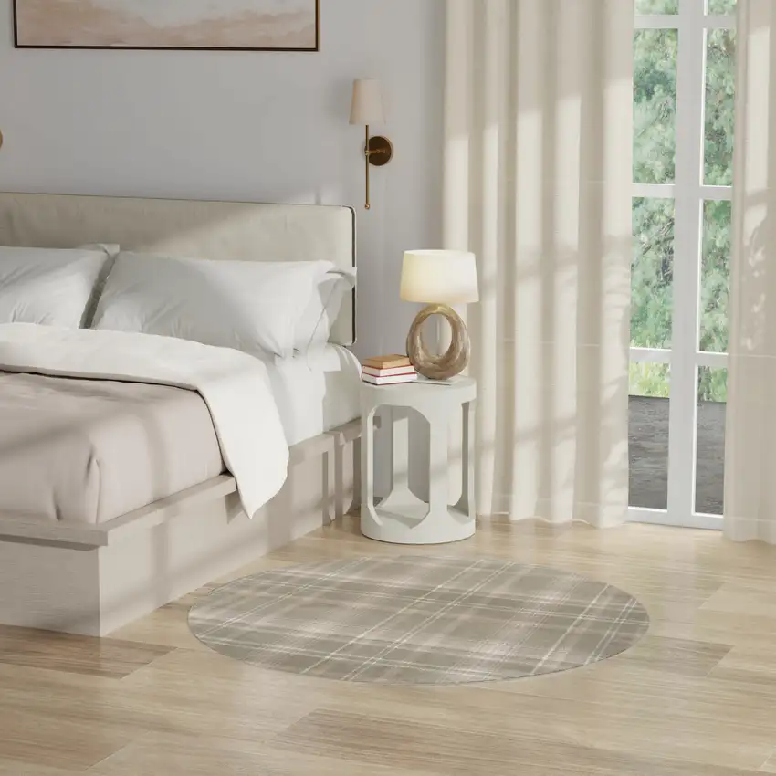 4' Ivory And Olive Green Plaid Round Rug Photo 4