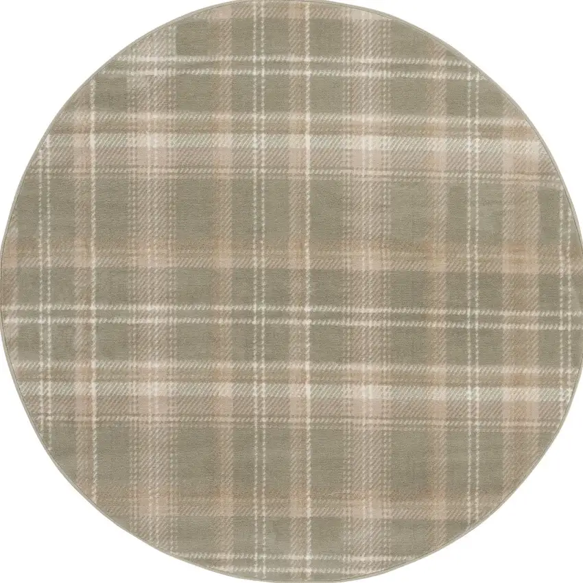 4' Olive Green and Ivory Plaid Round Rug Photo 4