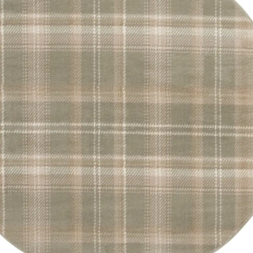 4' Olive Green and Ivory Plaid Round Rug Photo 6