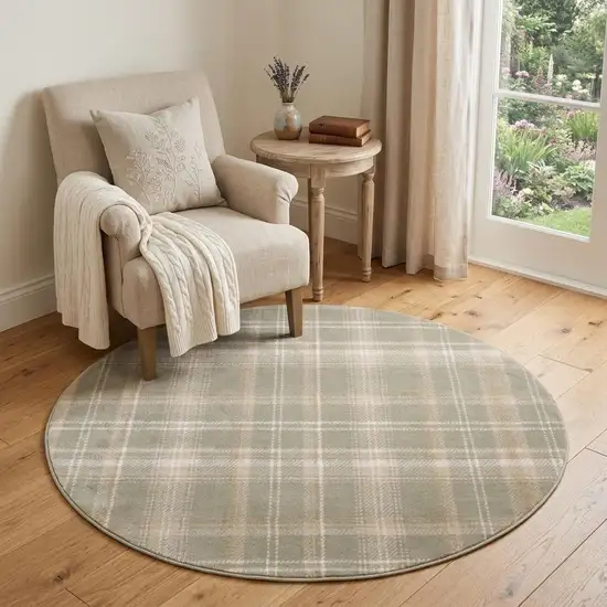 4' Ivory And Olive Green Plaid Round Rug Photo 1