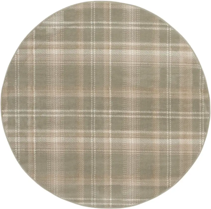 4' Ivory And Olive Green Plaid Round Rug Photo 3
