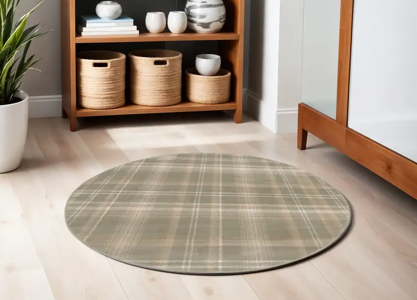 5' Olive Green and Ivory Plaid Round Rug Photo 1