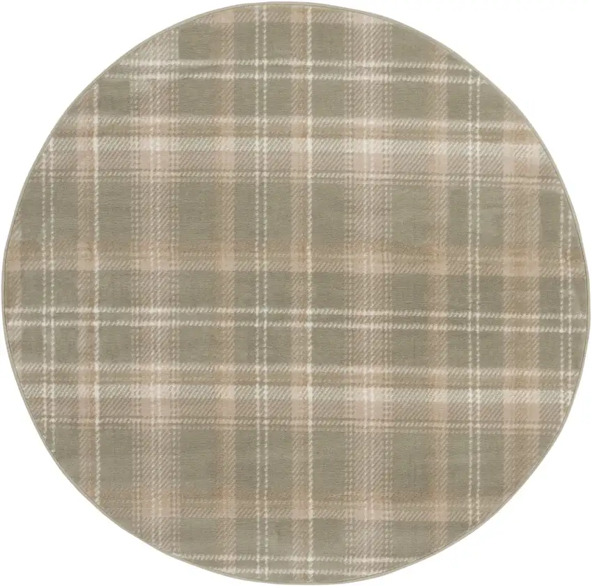 5' Olive Green and Ivory Plaid Round Rug Photo 2