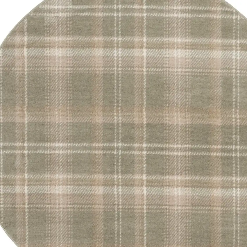 5' Olive Green and Ivory Plaid Round Rug Photo 6