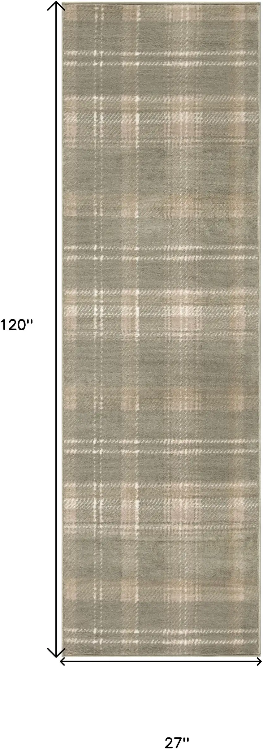 10' Olive Green and Ivory Plaid Runner Rug Photo 3