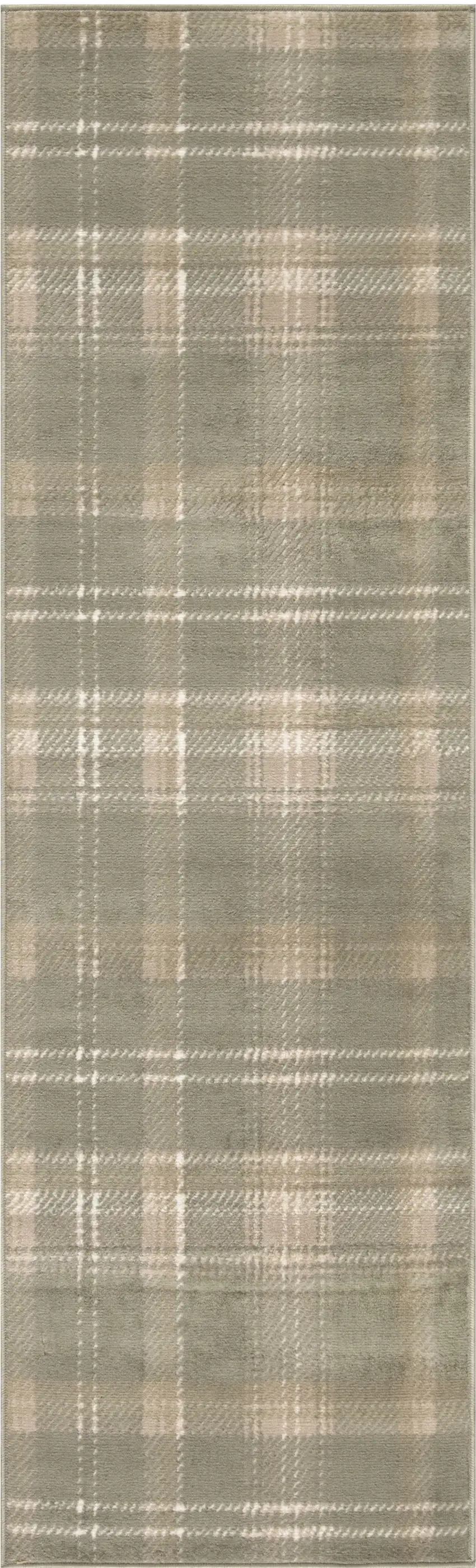 10' Olive Green and Ivory Plaid Runner Rug Photo 4