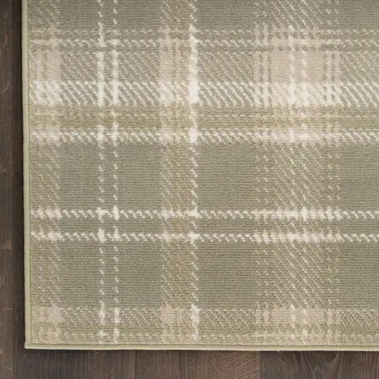 10' Olive Green and Ivory Plaid Runner Rug Photo 8