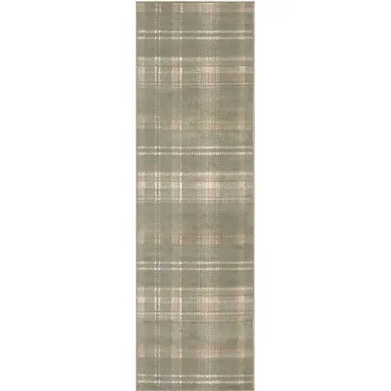 10' Olive Green and Ivory Plaid Runner Rug Photo 1