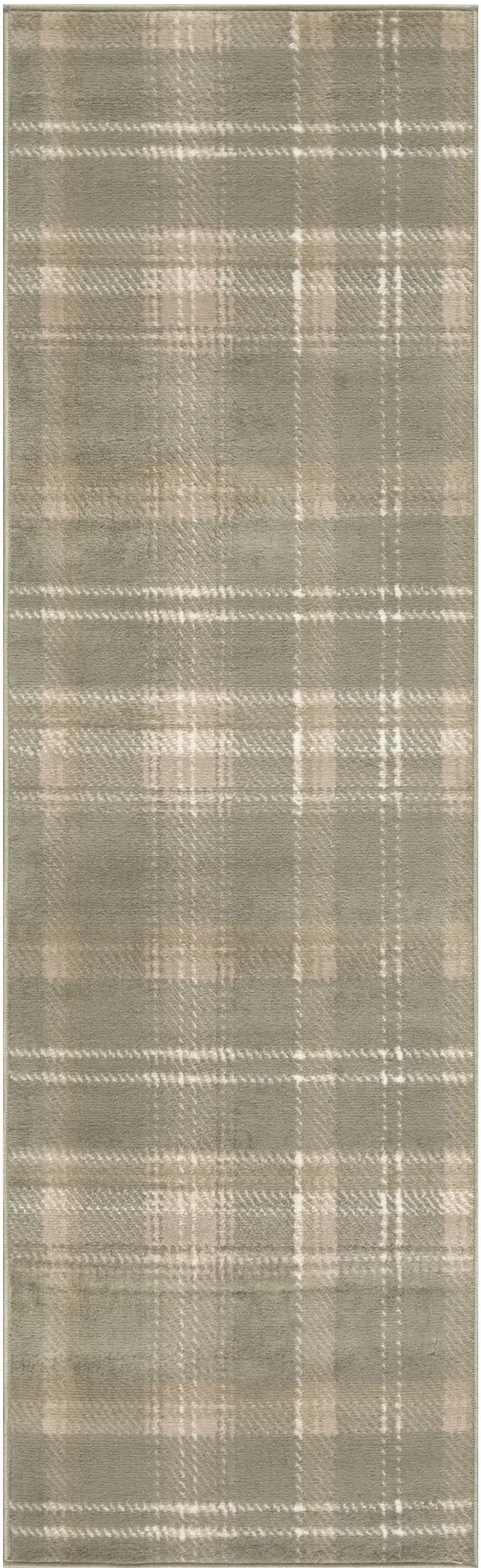 10' Olive Green and Ivory Plaid Runner Rug Photo 2