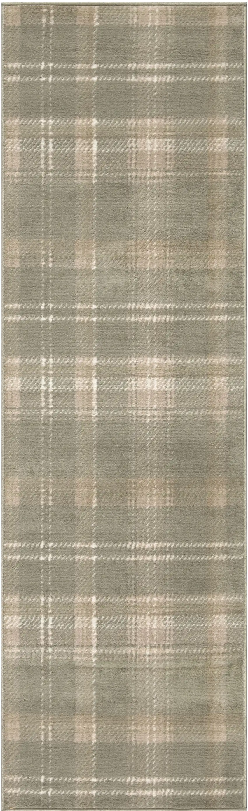 12' Olive Green and Ivory Plaid Runner Rug Photo 1