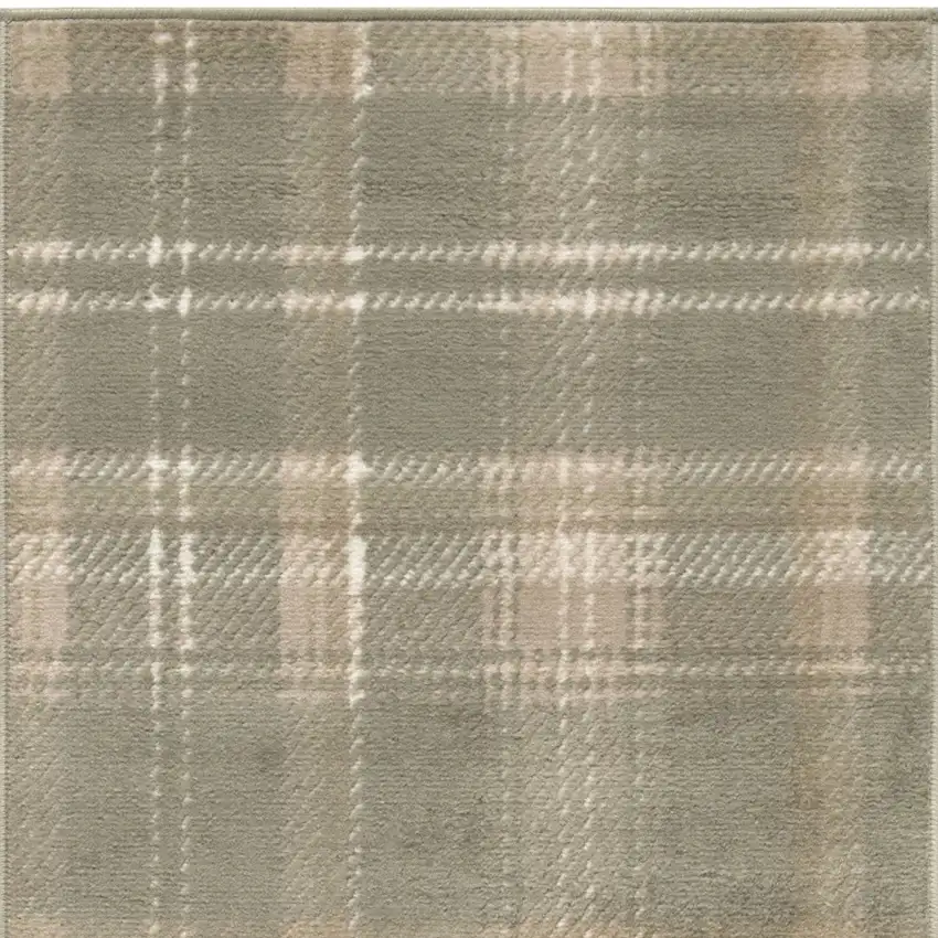 12' Olive Green and Ivory Plaid Runner Rug Photo 6
