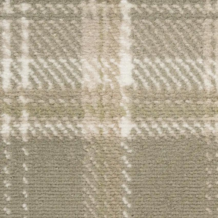12' Olive Green and Ivory Plaid Runner Rug Photo 9