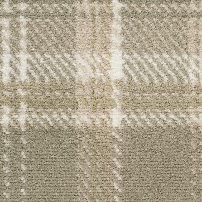 12' Olive Green and Ivory Plaid Runner Rug Photo 9