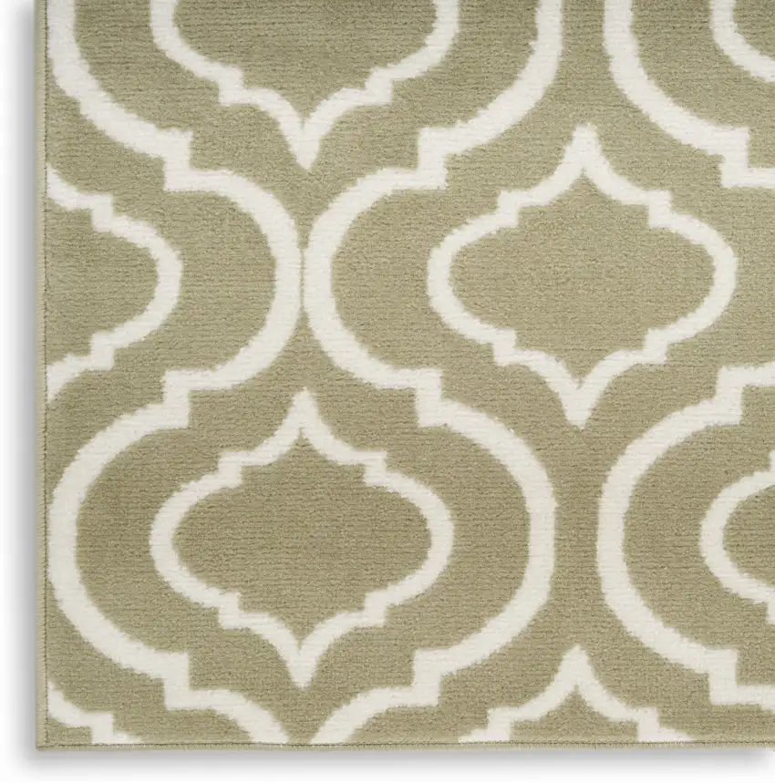 7' Olive Green and Ivory Trellis Non Skid Runner Rug Photo 6