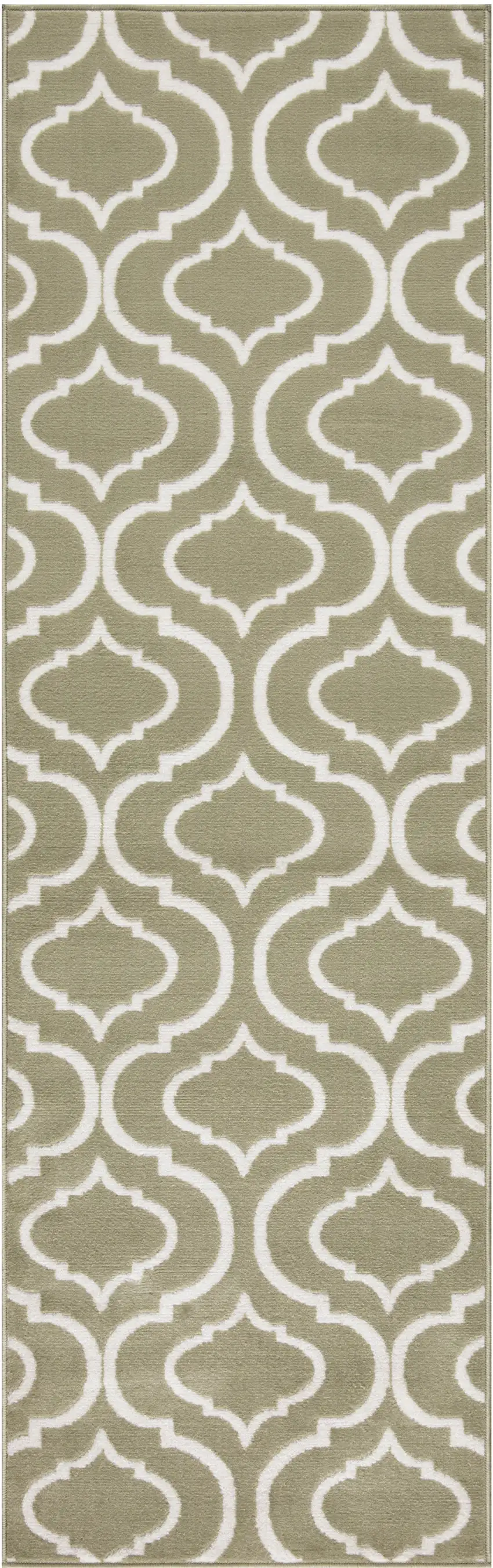 7' Olive Green and Ivory Trellis Non Skid Runner Rug Photo 2