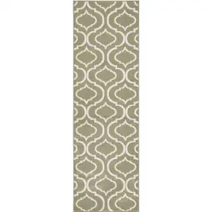 Photo of 7' Olive Green and Ivory Trellis Non Skid Runner Rug