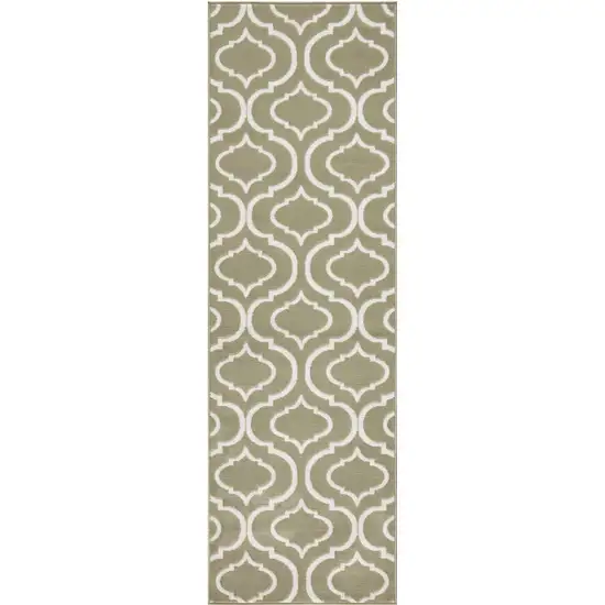 7' Olive Green and Ivory Trellis Non Skid Runner Rug Photo 1