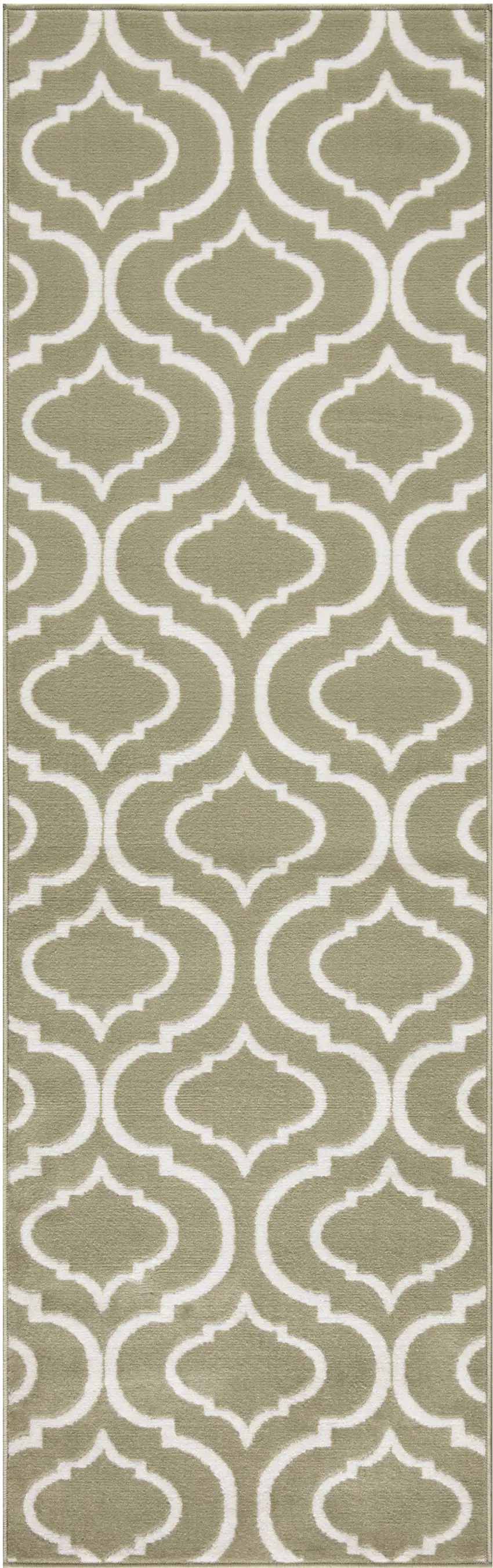 7' Olive Green and Ivory Trellis Non Skid Runner Rug Photo 1