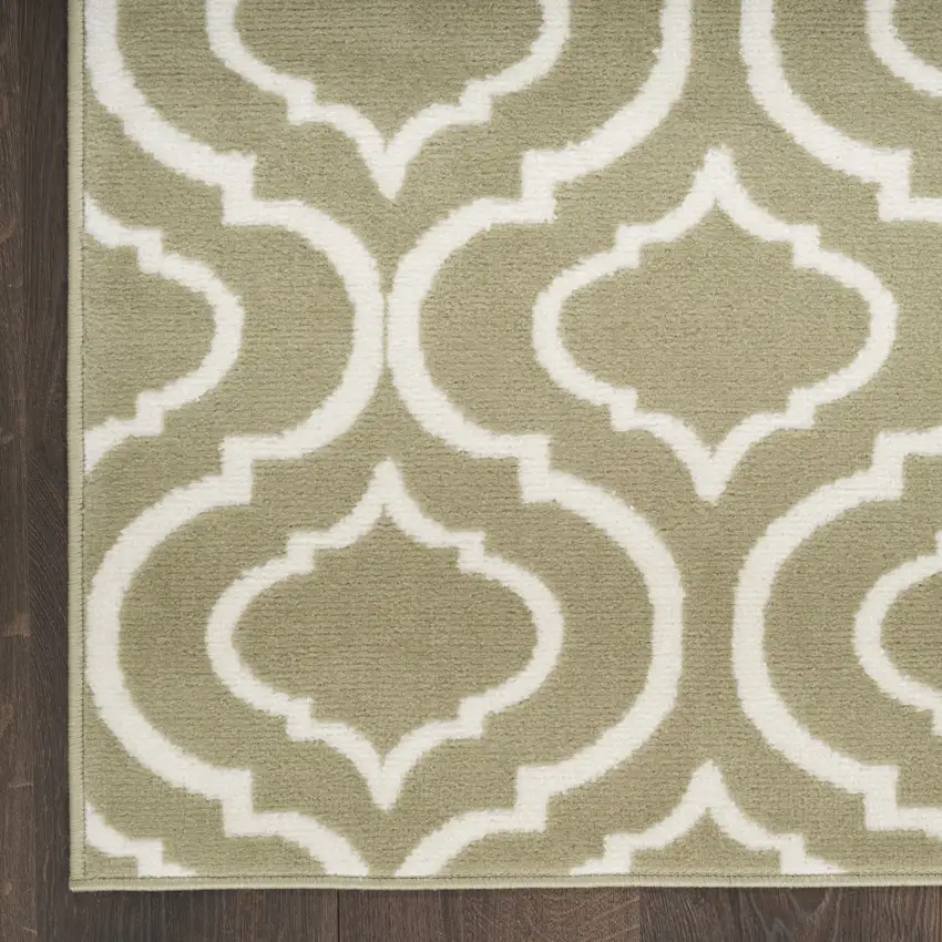 7' Olive Green and Ivory Trellis Non Skid Runner Rug Photo 8