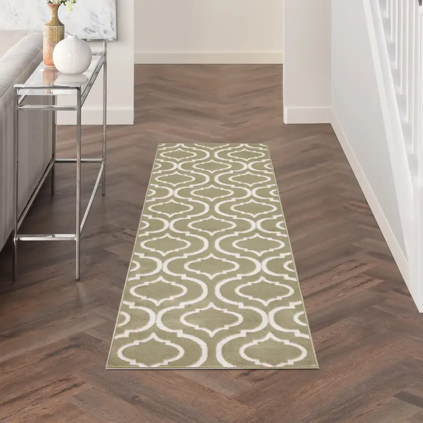 7' Olive Green and Ivory Trellis Non Skid Runner Rug Photo 8