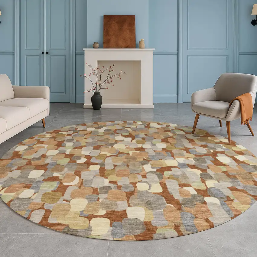 8' Orange And Beige Round Abstract Washable Indoor Outdoor Area Rug Photo 5