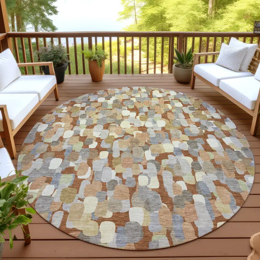 8' Orange And Beige Round Abstract Washable Indoor Outdoor Area Rug Photo 4