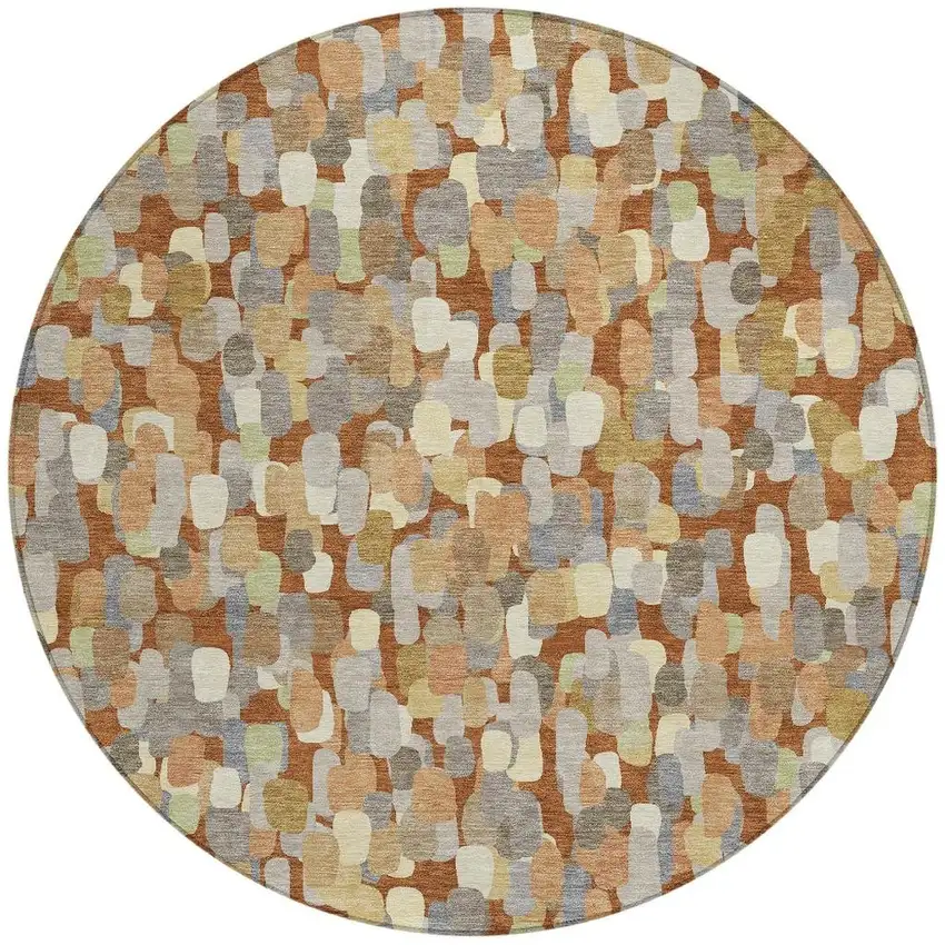 8' Orange And Beige Round Abstract Washable Indoor Outdoor Area Rug Photo 2
