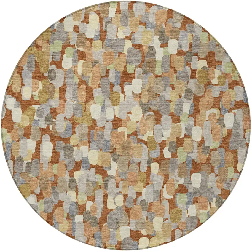 8' Orange And Beige Round Abstract Washable Indoor Outdoor Area Rug Photo 3