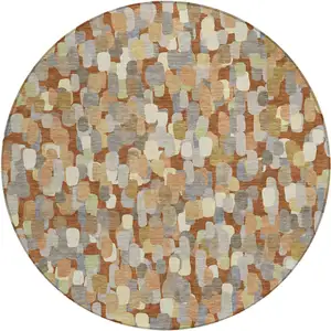 Photo of 8' Orange And Beige Round Abstract Washable Indoor Outdoor Area Rug