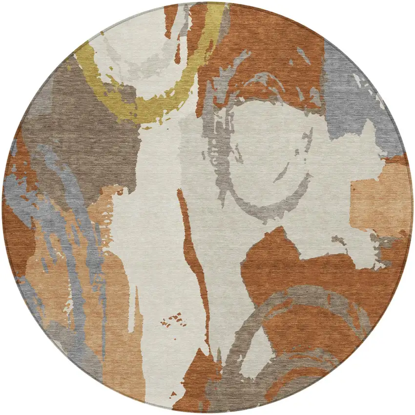 8' Orange And Beige Round Abstract Washable Indoor Outdoor Area Rug Photo 6