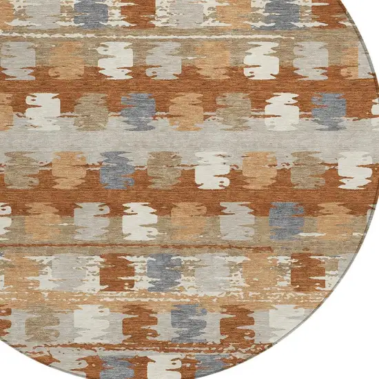 8' Orange And Beige Round Abstract Washable Indoor Outdoor Area Rug Photo 4