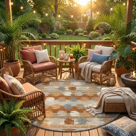 8' Orange And Beige Round Abstract Washable Indoor Outdoor Area Rug Photo 1