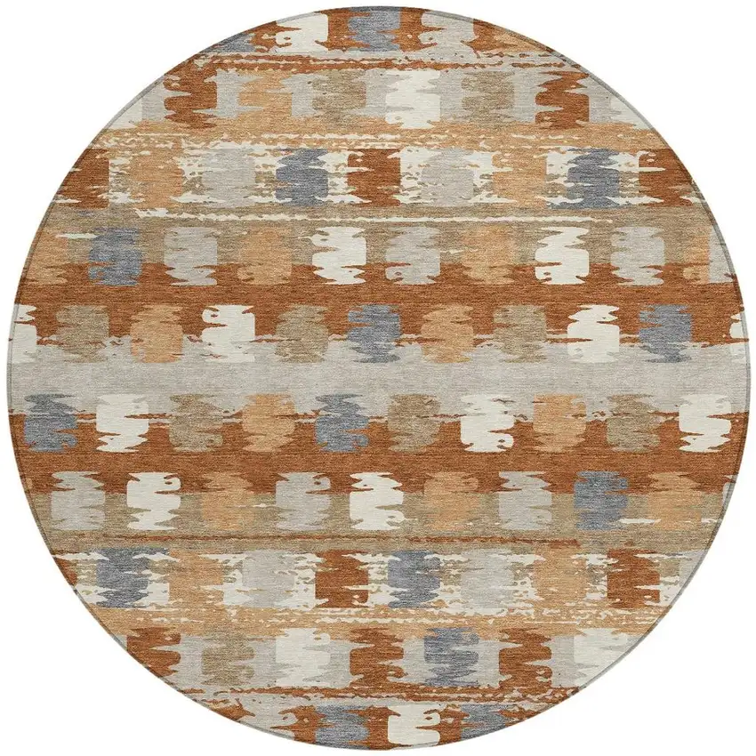 8' Orange And Beige Round Abstract Washable Indoor Outdoor Area Rug Photo 3