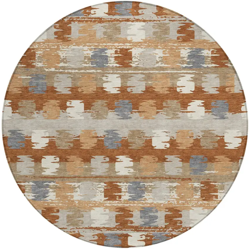 8' Orange And Beige Round Abstract Washable Indoor Outdoor Area Rug Photo 2