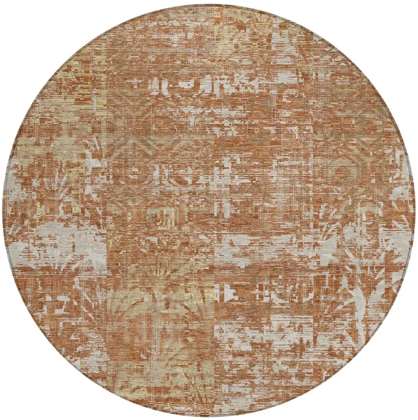 8' Orange And Beige Round Abstract Washable Indoor Outdoor Area Rug Photo 2