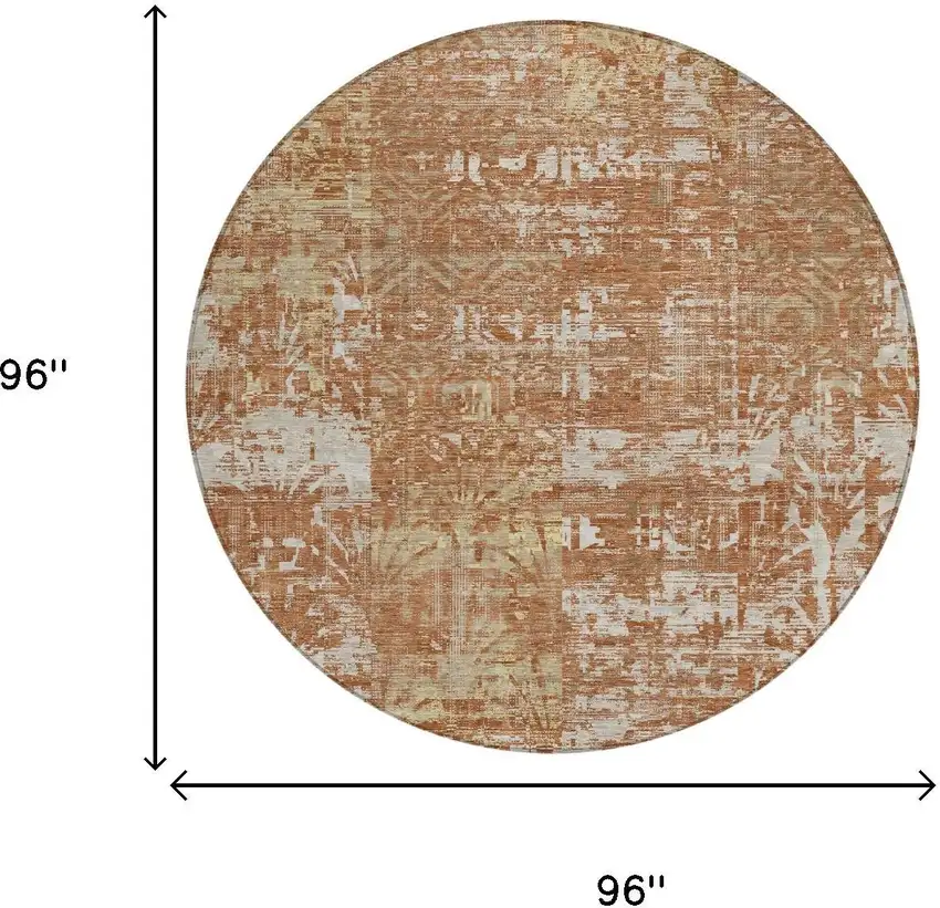8' Orange And Beige Round Abstract Washable Indoor Outdoor Area Rug Photo 5