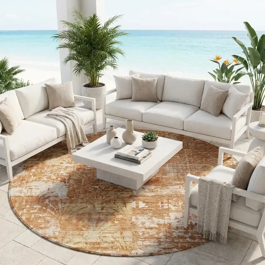 8' Orange And Beige Round Abstract Washable Indoor Outdoor Area Rug Photo 1