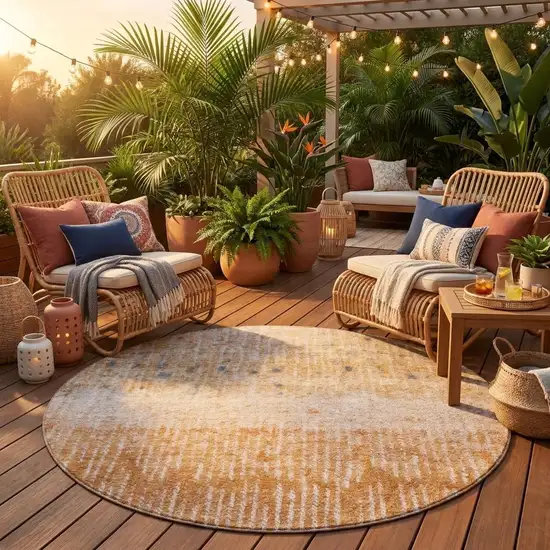 8' Orange And Beige Round Abstract Washable Indoor Outdoor Area Rug Photo 1