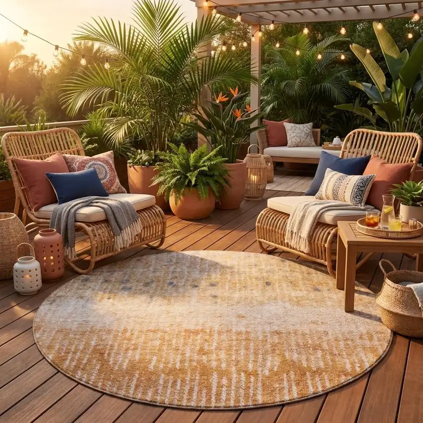 8' Orange And Beige Round Abstract Washable Indoor Outdoor Area Rug Photo 1