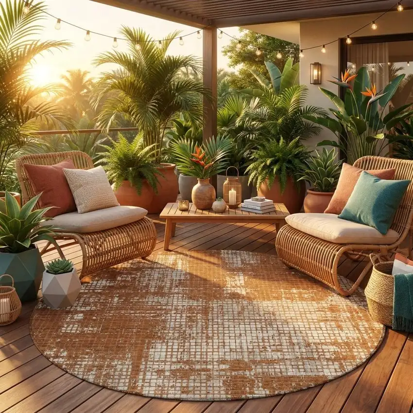 8' Orange And Beige Round Abstract Washable Indoor Outdoor Area Rug Photo 1
