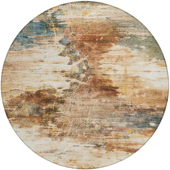 8' Orange And Beige Round Abstract Washable Indoor Outdoor Area Rug Photo 4