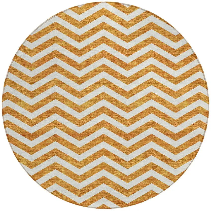 8' Orange And Beige Round Chevron Washable Indoor Outdoor Area Rug Photo 6