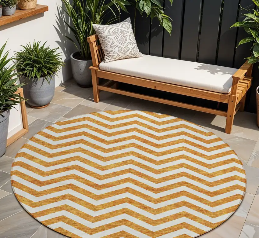 8' Orange And Beige Round Chevron Washable Indoor Outdoor Area Rug Photo 1
