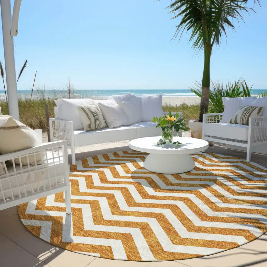 8' Orange And Beige Round Chevron Washable Indoor Outdoor Area Rug Photo 7